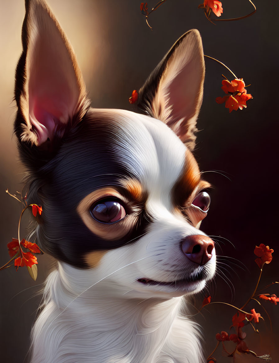 Realistic digital painting: Chihuahua with expressive eyes, red flowers, dark background