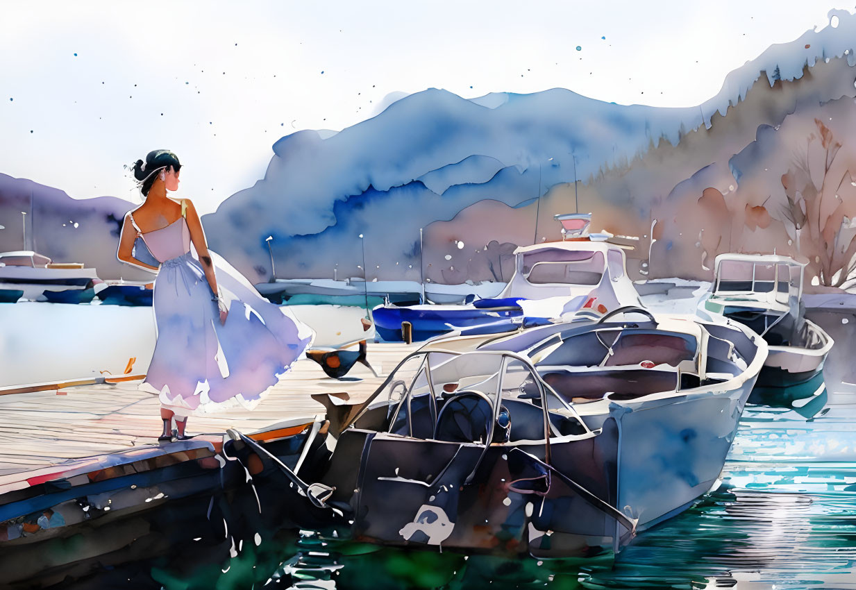 Woman in flowing dress on dock with boats, mountains, and clear skies