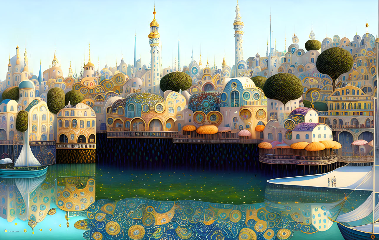 Colorful cityscape with domed buildings and boats on water.