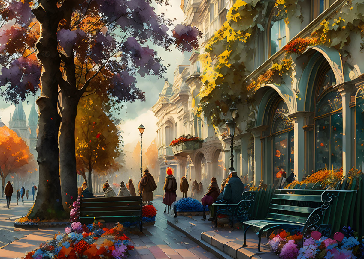 Vibrant autumn city scene with people, benches, and historic buildings