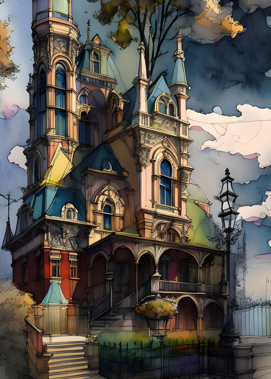 Colorful Victorian-style mansion with pointed towers and balconies under dramatic sky