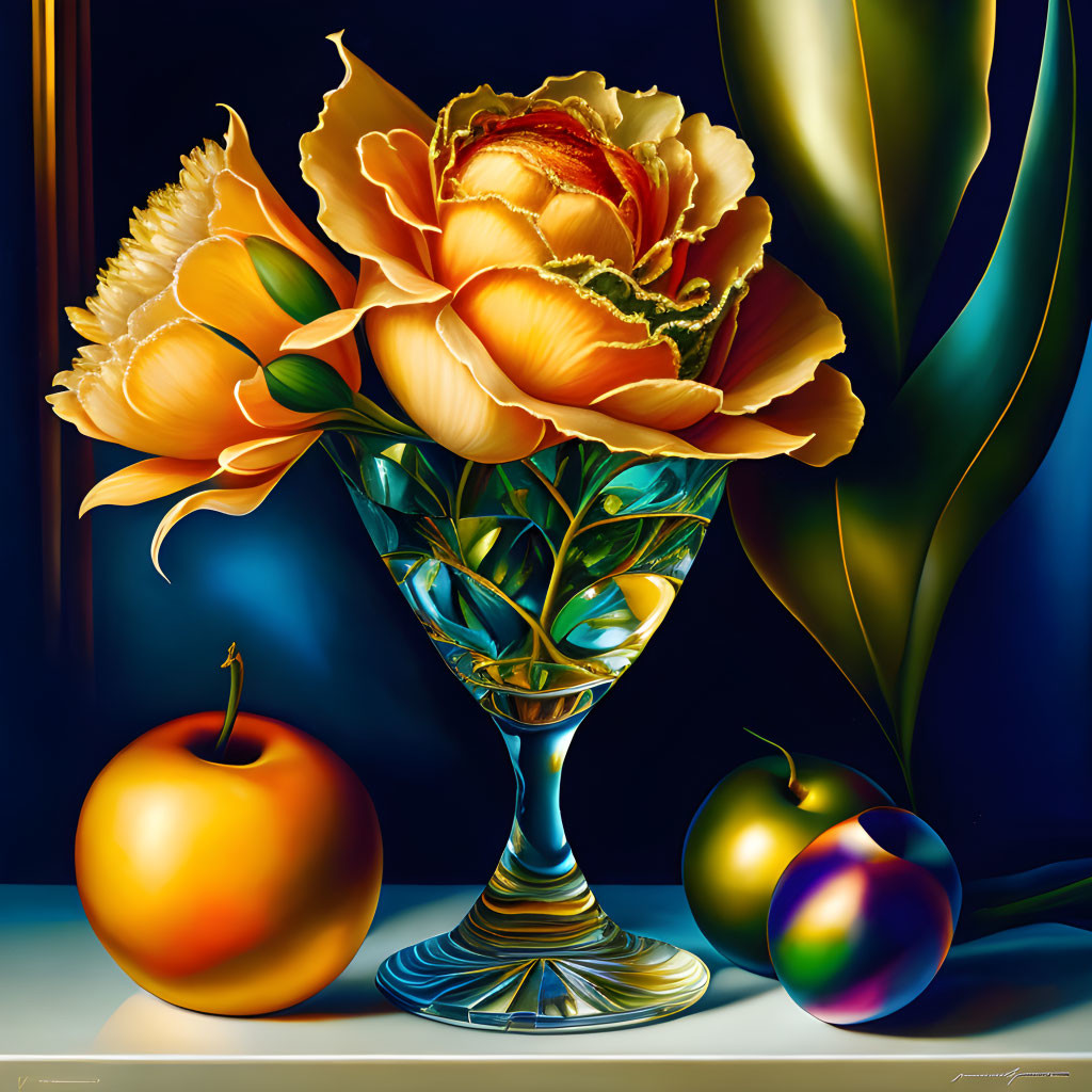 Colorful Still Life Painting with Yellow Rose, Glass Vase, Red Apple, and Rainbow-Colored