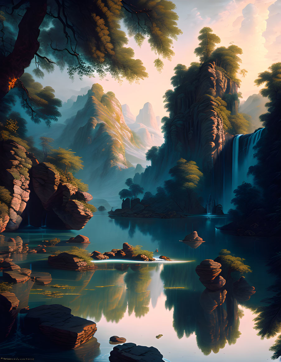 Tranquil landscape: waterfall, lake, cliffs, trees