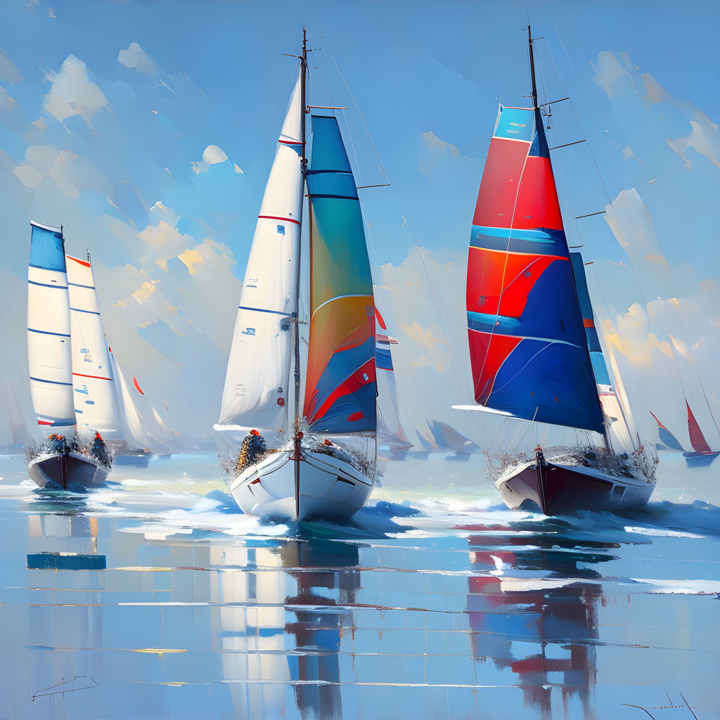 Colorful sailboats racing on blue water under clear skies