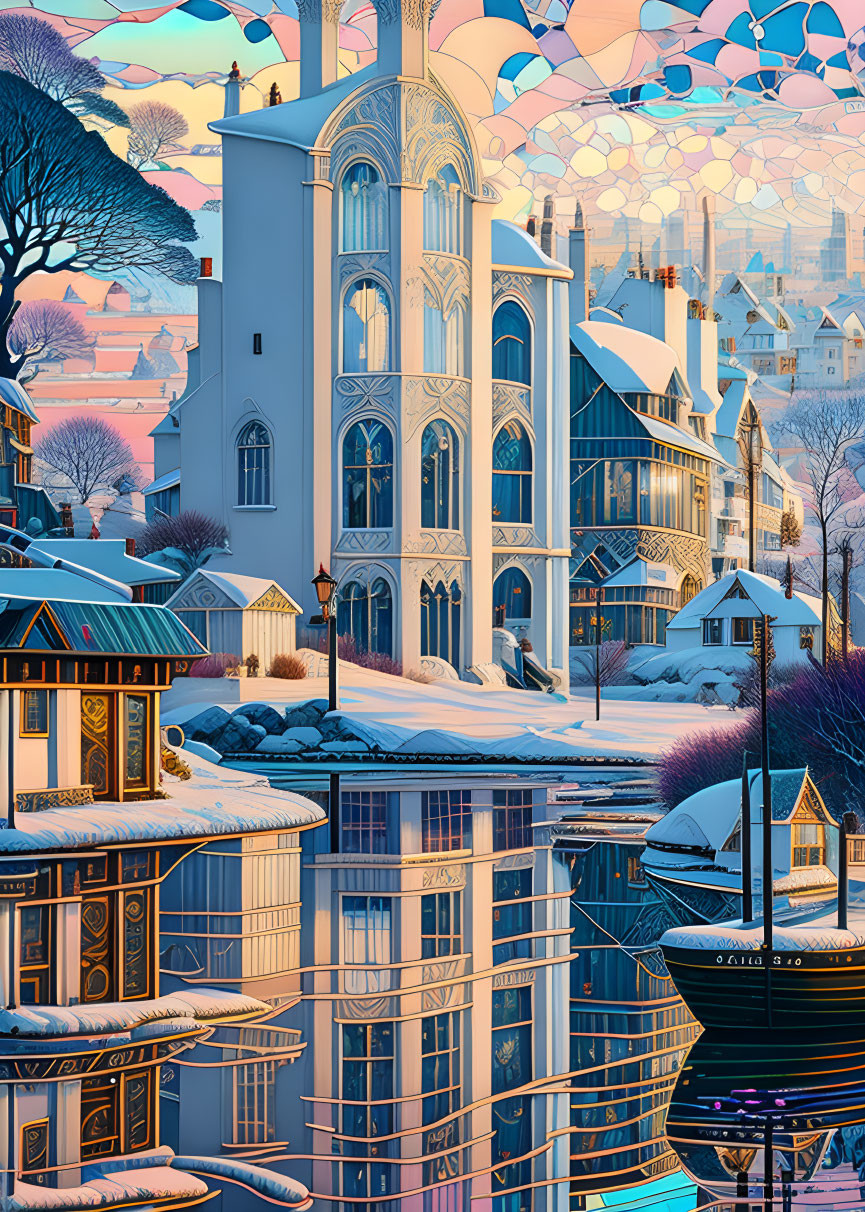 Fantastical winter scene with gothic building and traditional houses by tranquil water