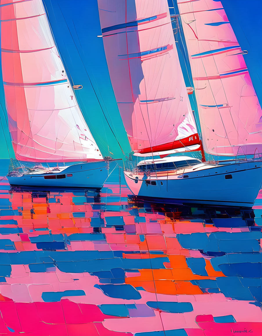 Vibrant digital artwork: Sailboats with pink sails on blue and red water