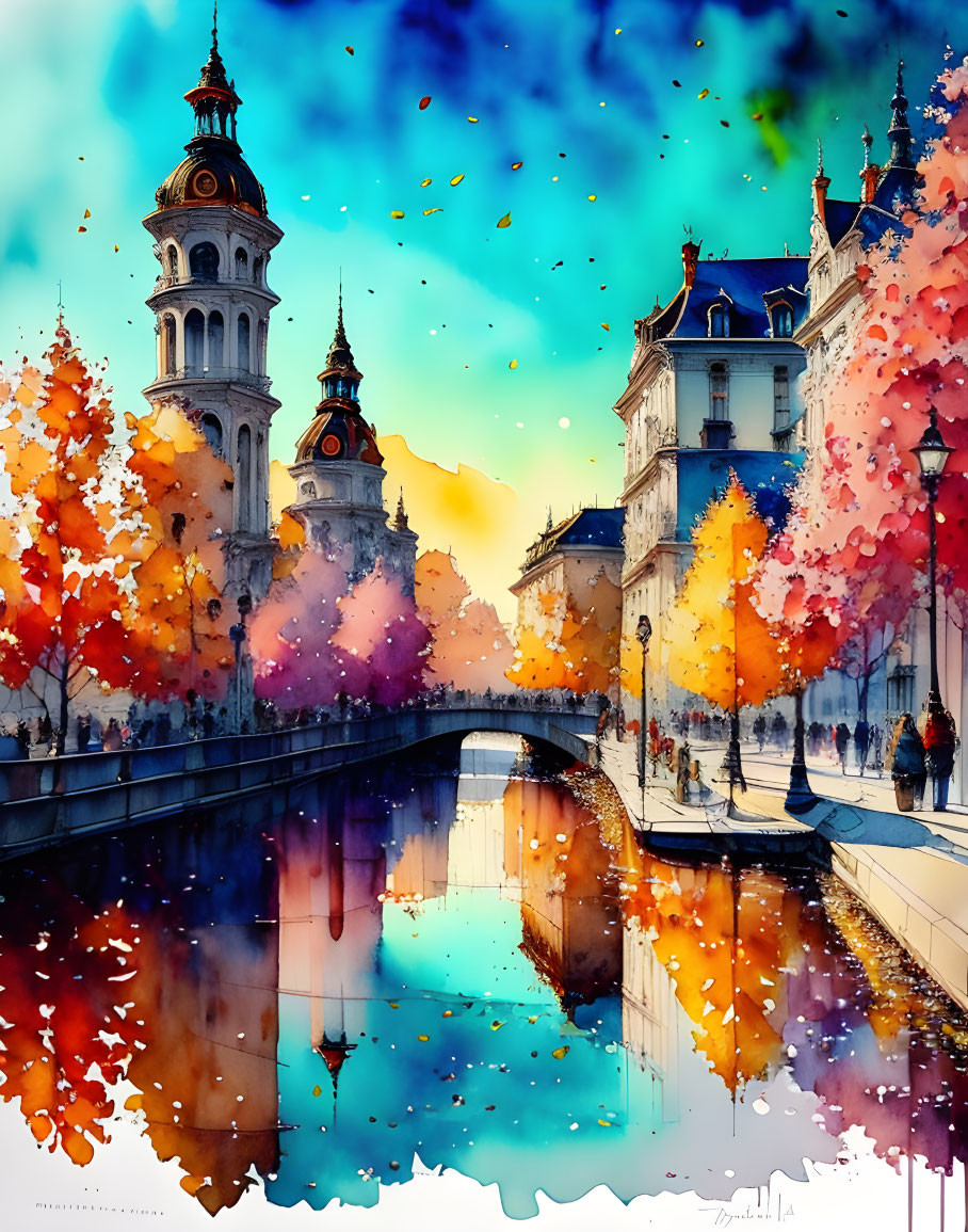 Colorful watercolor cityscape with ornate buildings and autumn leaves