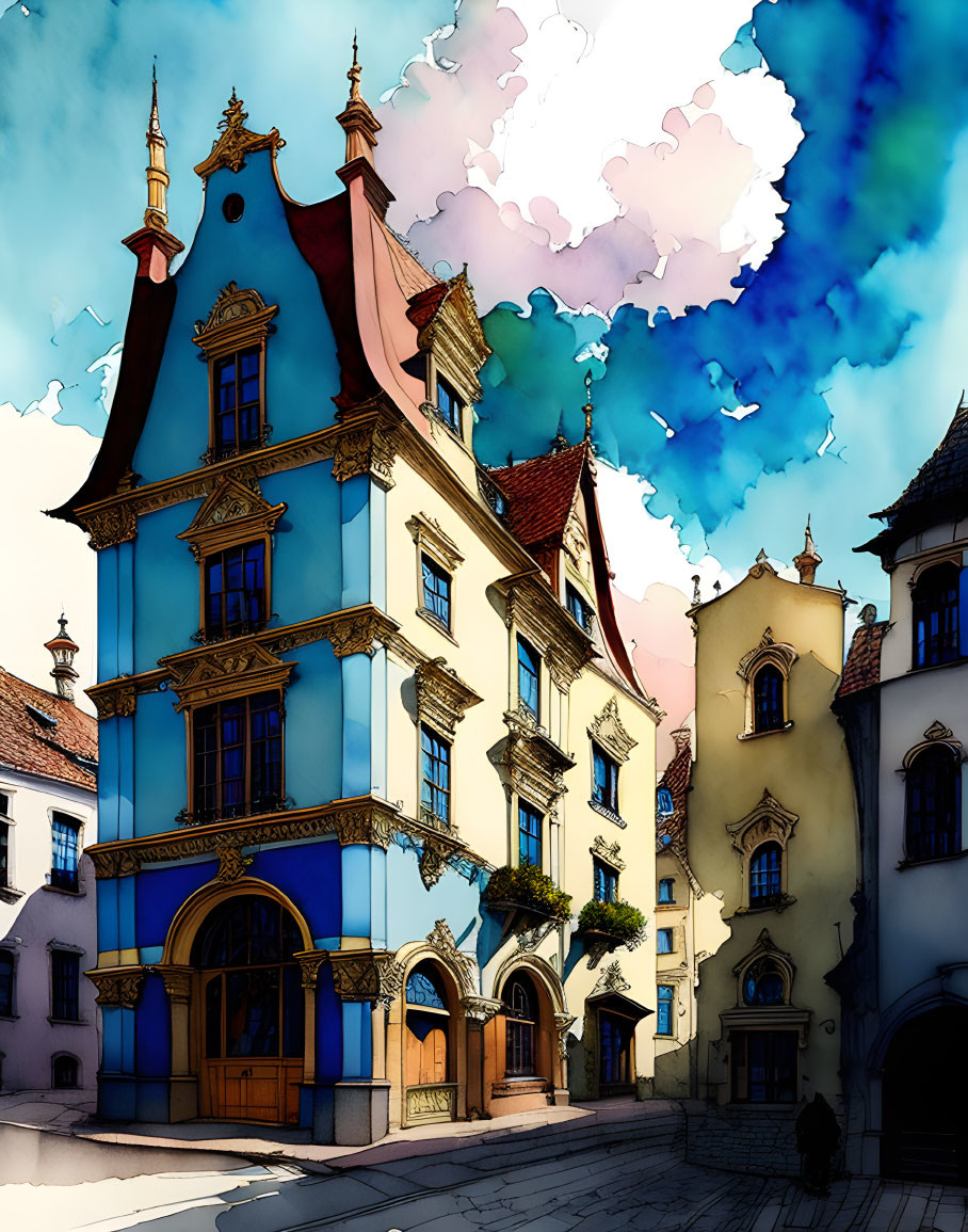 Vibrant European street illustration with pastel buildings under blue sky