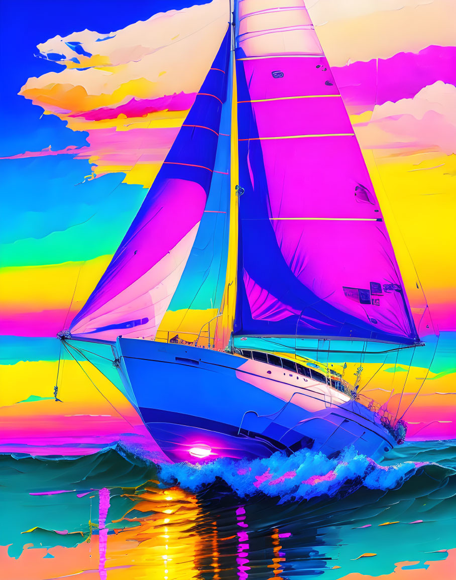 Colorful sailing boat with blue and pink sails on vivid sunset water