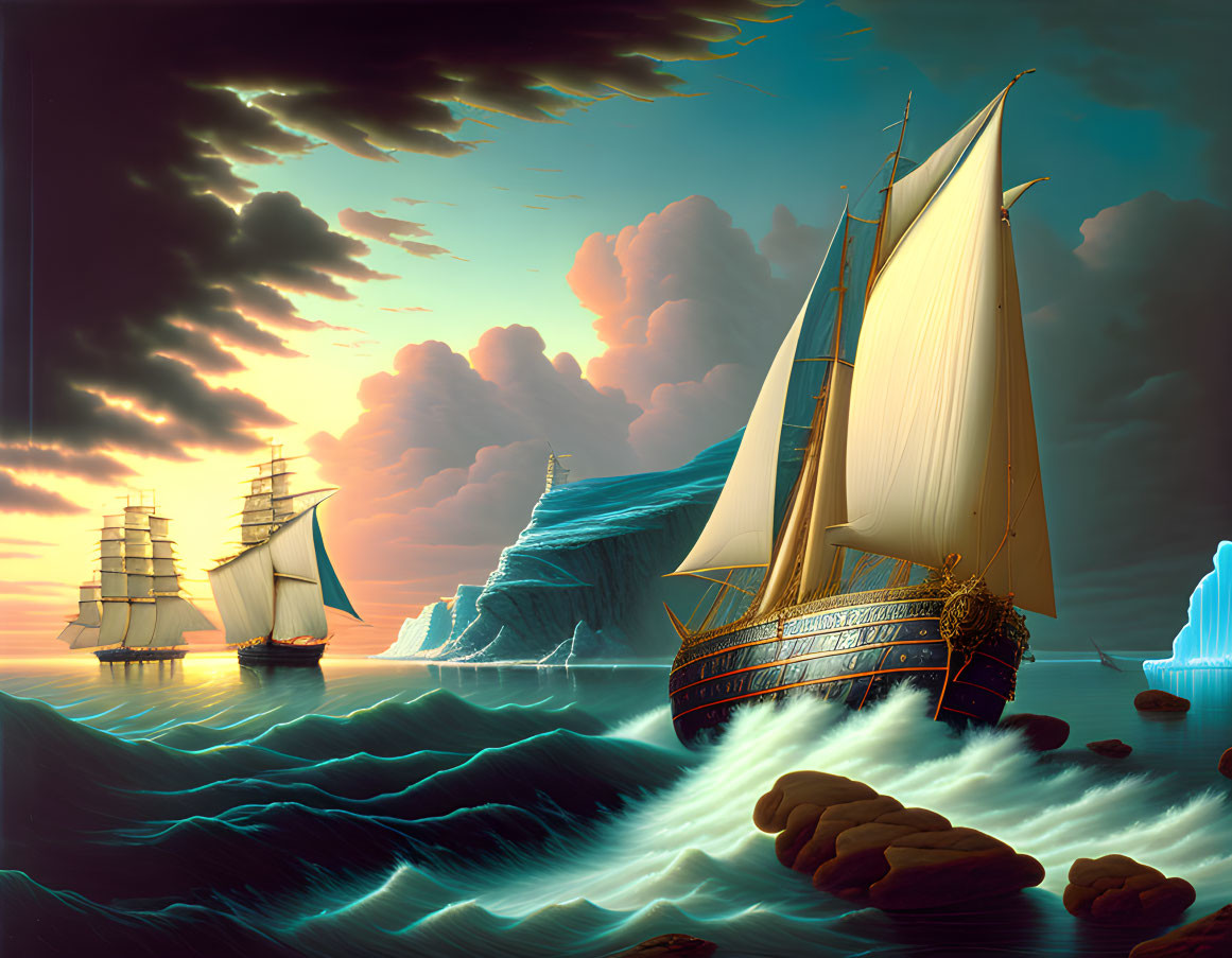 Sailing ships with billowing sails near icebergs under dramatic sunset sky