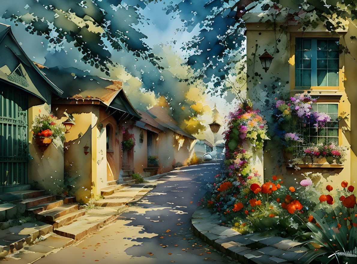 Impressionistic village street with quaint houses and vibrant flowers