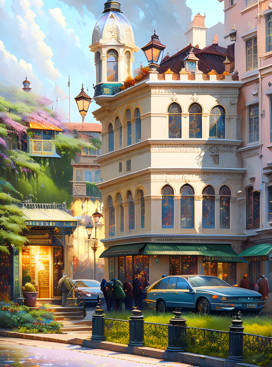 Vibrant street scene with charming building and intricate architecture