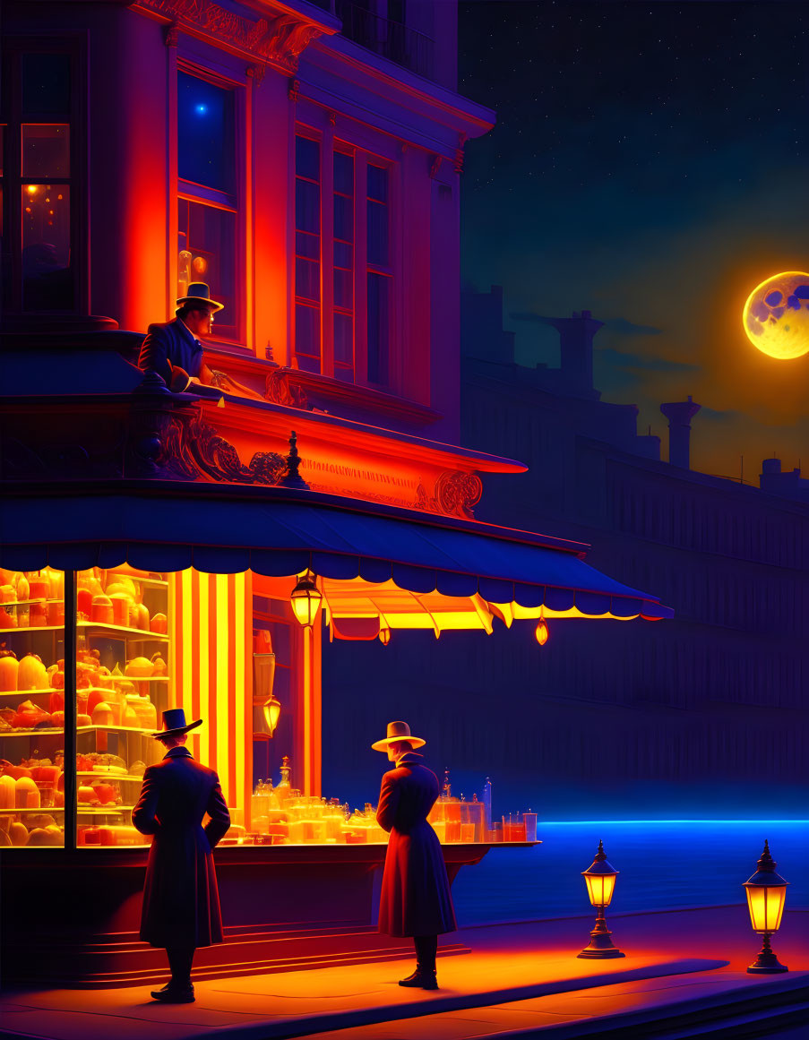 Nighttime Patisserie Scene with Glowing Storefront and Vintage-Clad Figures