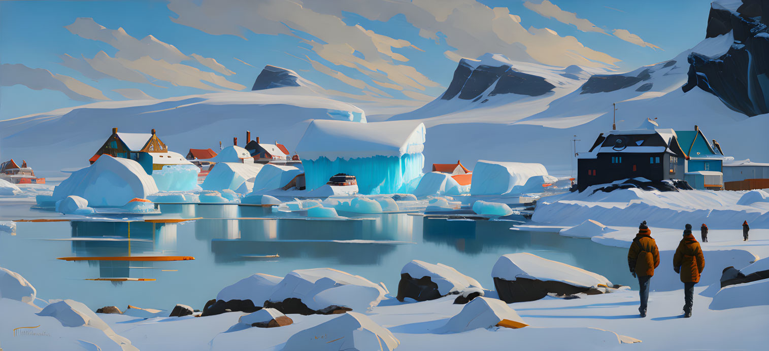 Snowy village with houses, icebergs, and mountains reflected in calm water