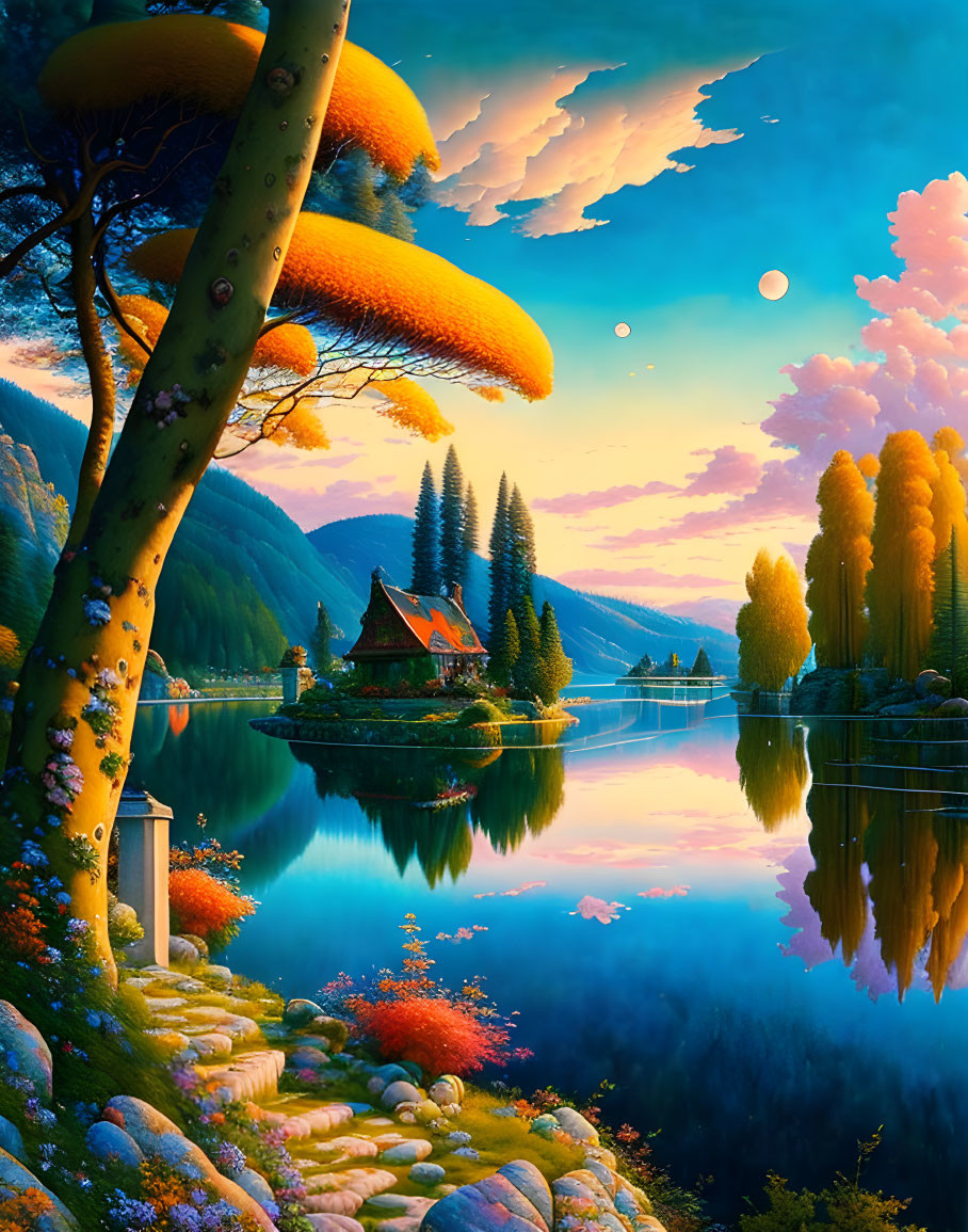 Digital artwork: Tranquil lakeside scene at sunset with house, water reflection, colorful flora, whims