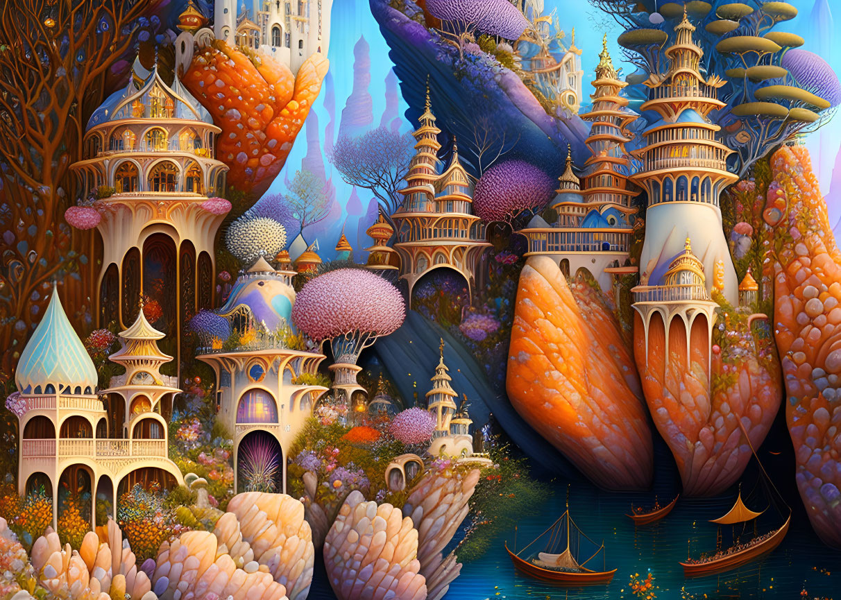 Fantasy landscape with whimsical structures and mushroom-shaped trees