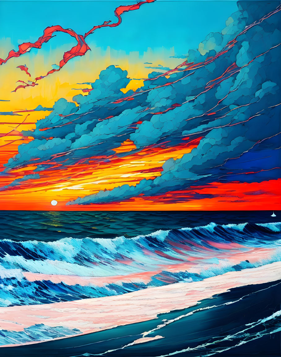 Colorful sunset digital art: fiery clouds, ocean waves, sailboat.