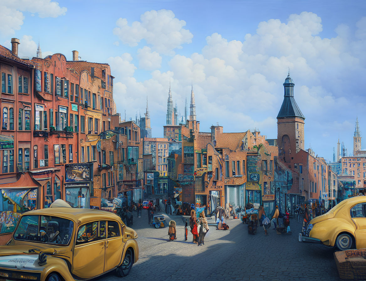 Vintage street scene with old cars, pedestrians, and historic buildings under blue sky