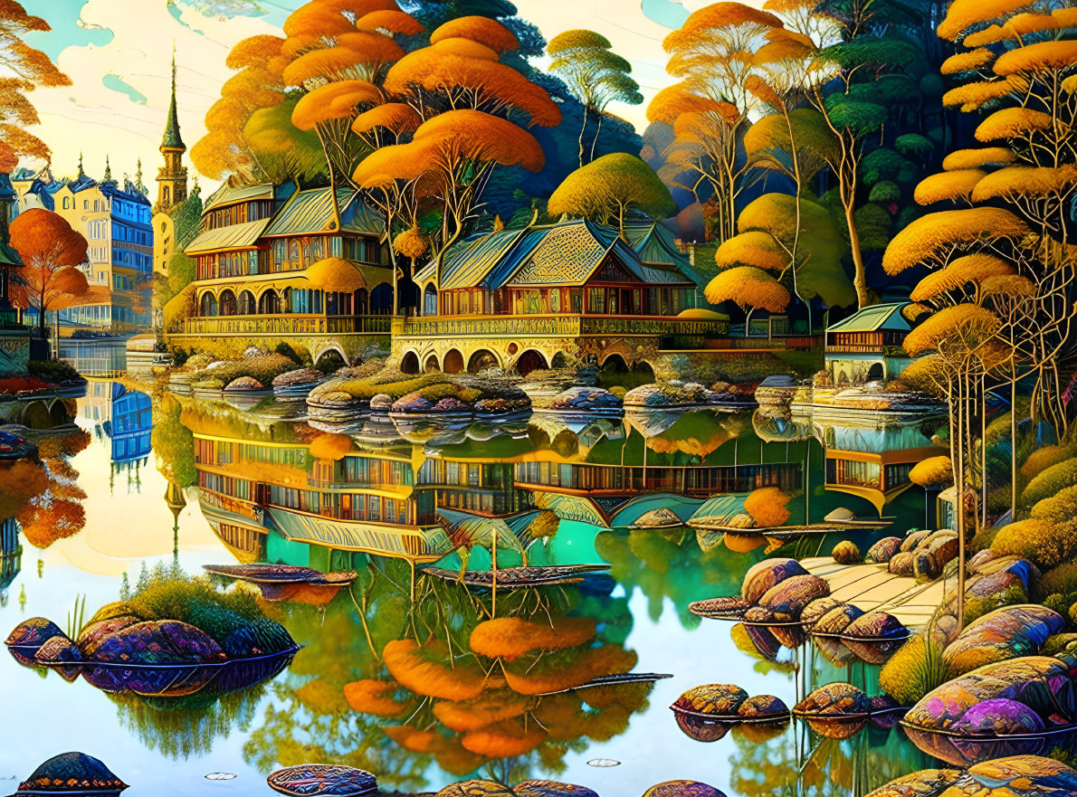 Fantastical artwork of serene village with autumn trees and whimsical architecture