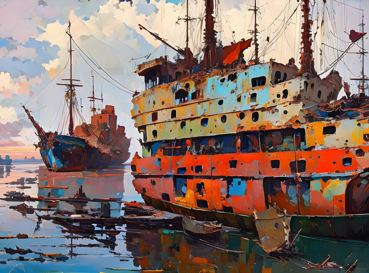 Decrepit ships in calm harbor with hazy sky and faded colors.