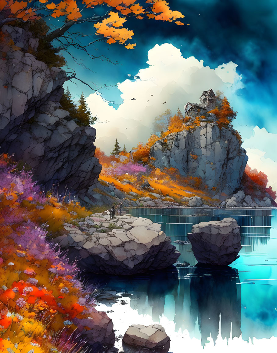 Vibrant digital art: autumn landscape with lake, cliffs, castle