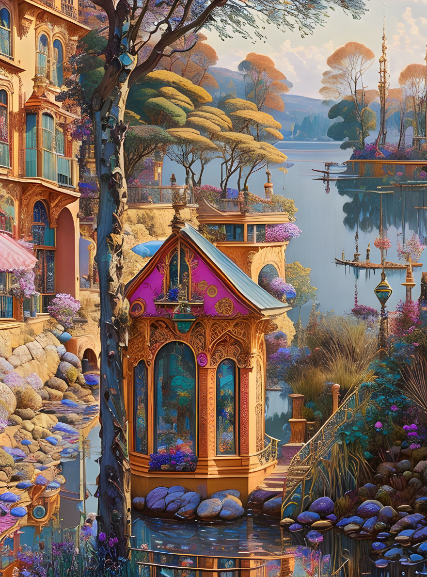 Whimsical riverside scene with ornate buildings and gazebo