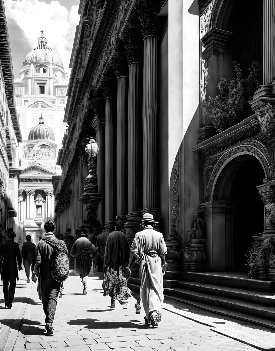 Monochrome photo of people walking through ornate colonnade towards domed building