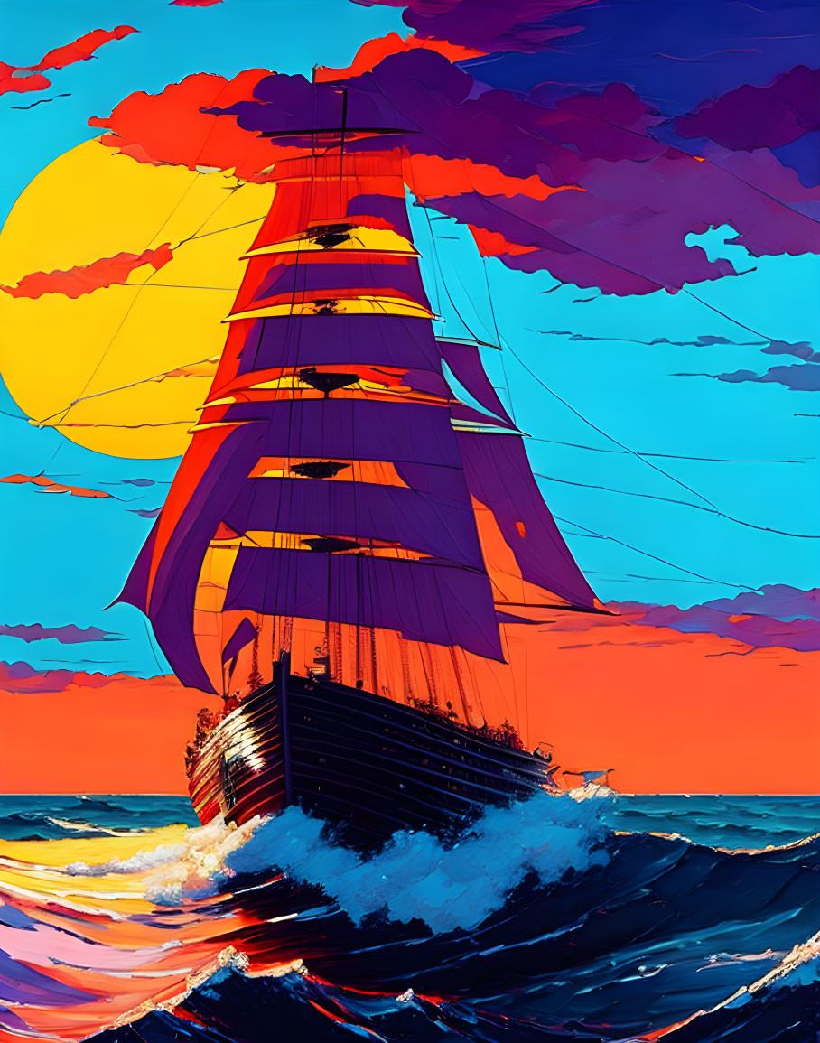 Majestic ship sailing at sunset with red sails in vibrant illustration