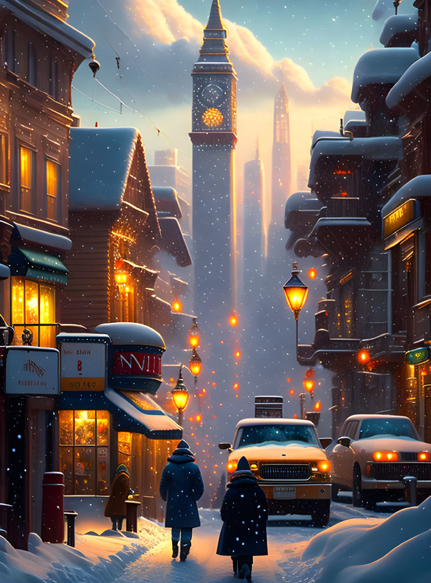 Snowy city street scene with shops, vehicles, pedestrians, and clock tower.