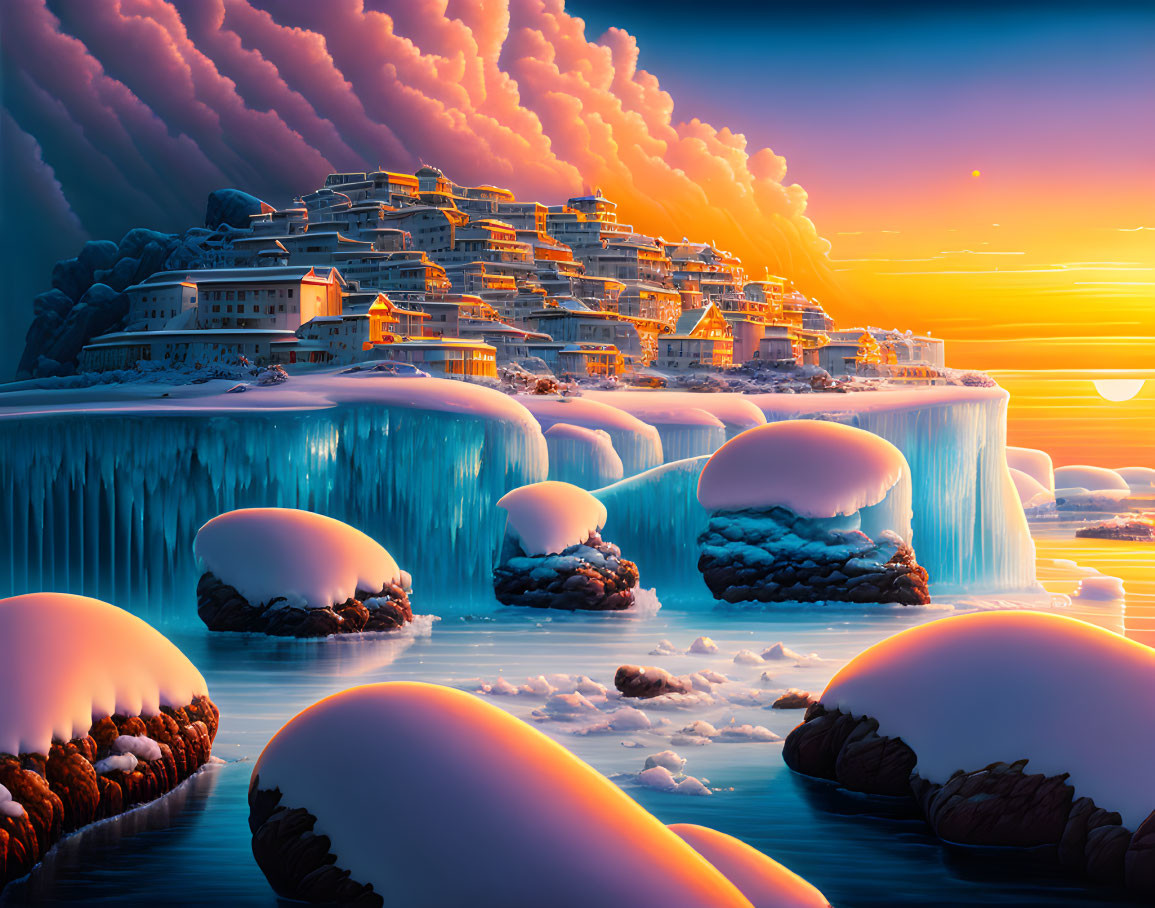 Futuristic cityscape on icy landscape with sunset-lit frozen waterfalls