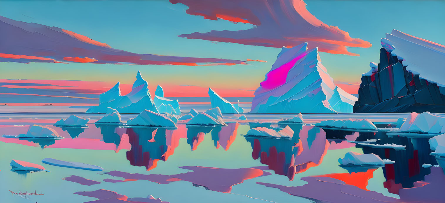 Colorful iceberg-filled seascape with surreal sky and serene water.