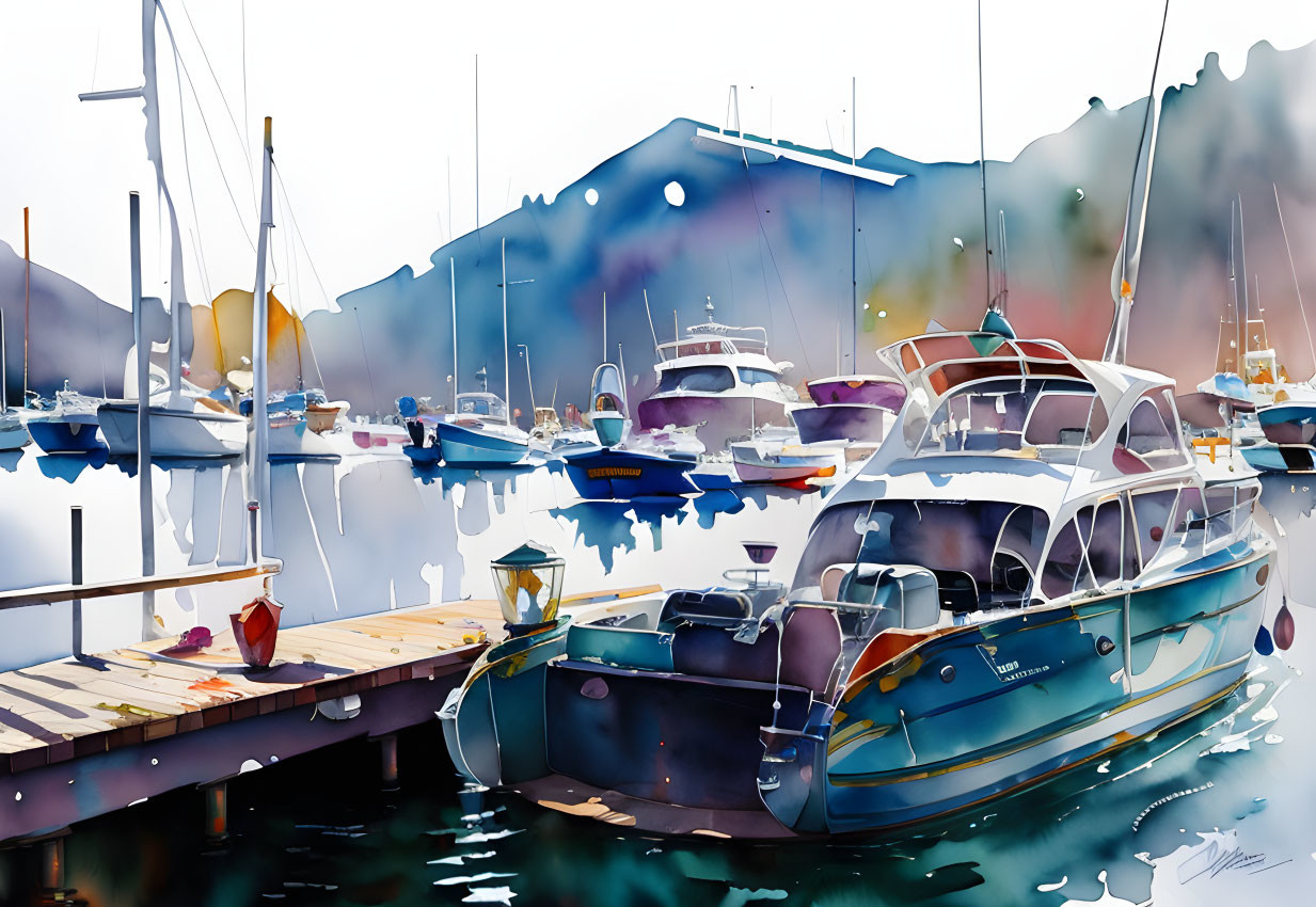 Serene marina watercolor with docked boats & mountain backdrop