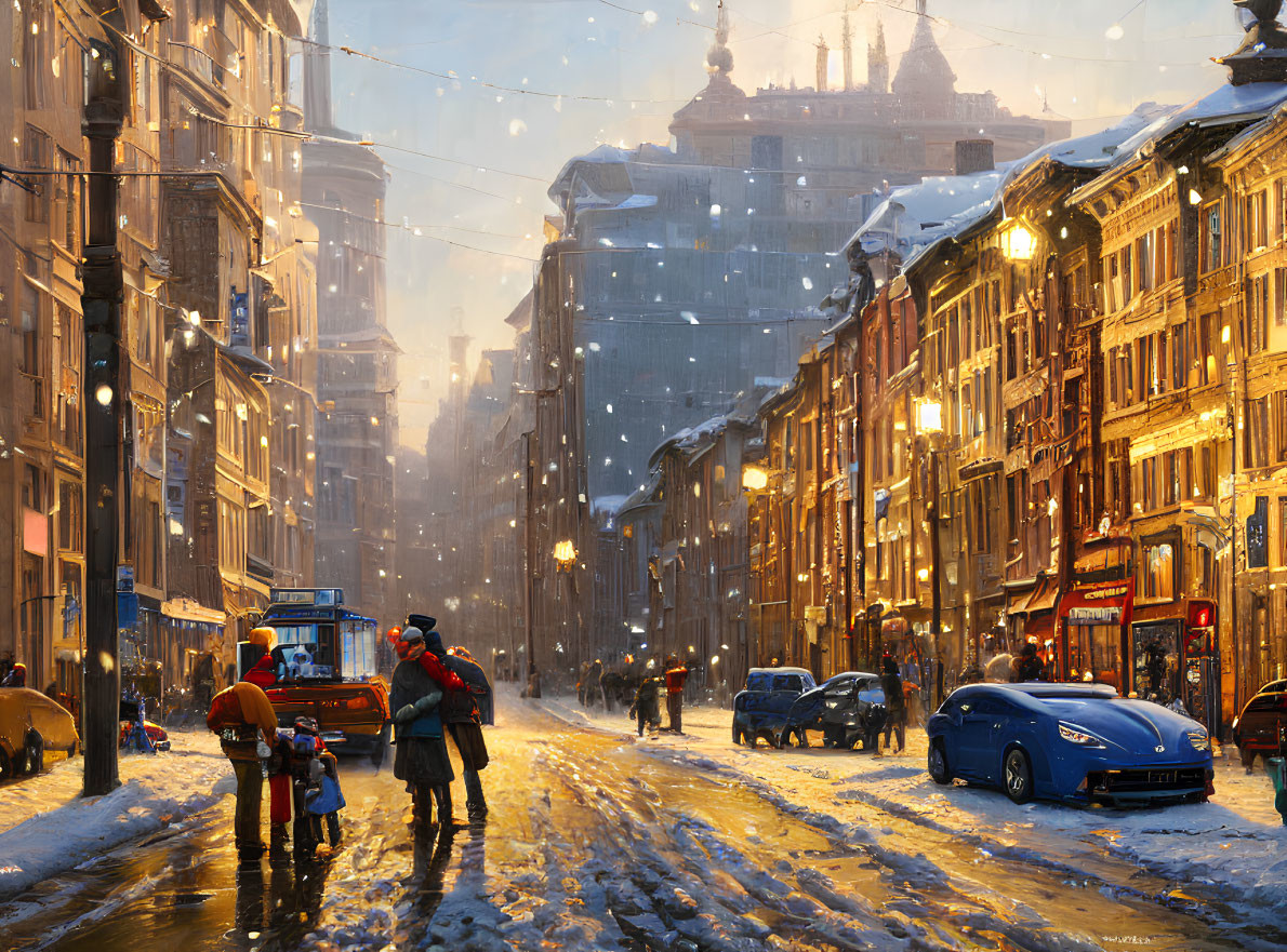 Winter city scene: snow-covered street, people walking, cars, illuminated buildings, falling snowflakes