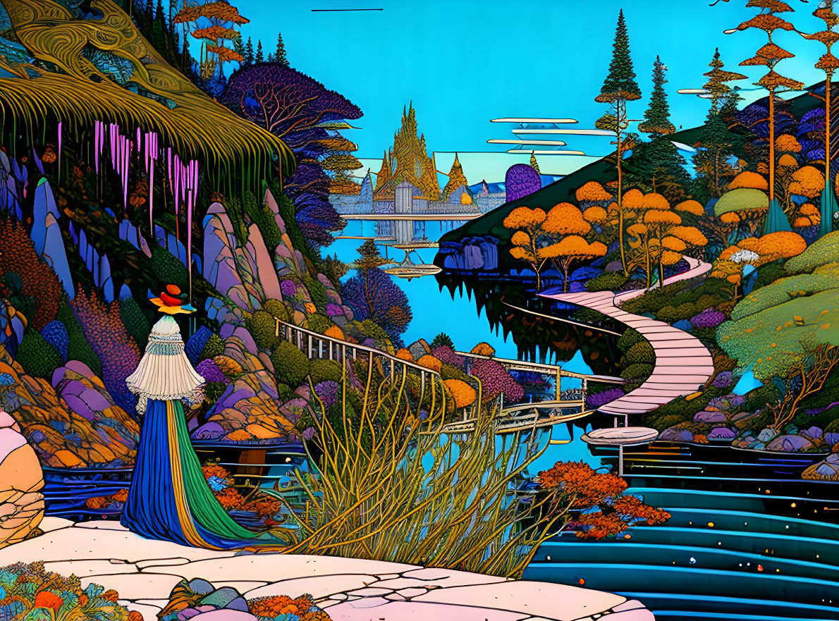 Colorful illustration of a person in flowing dress in futuristic landscape