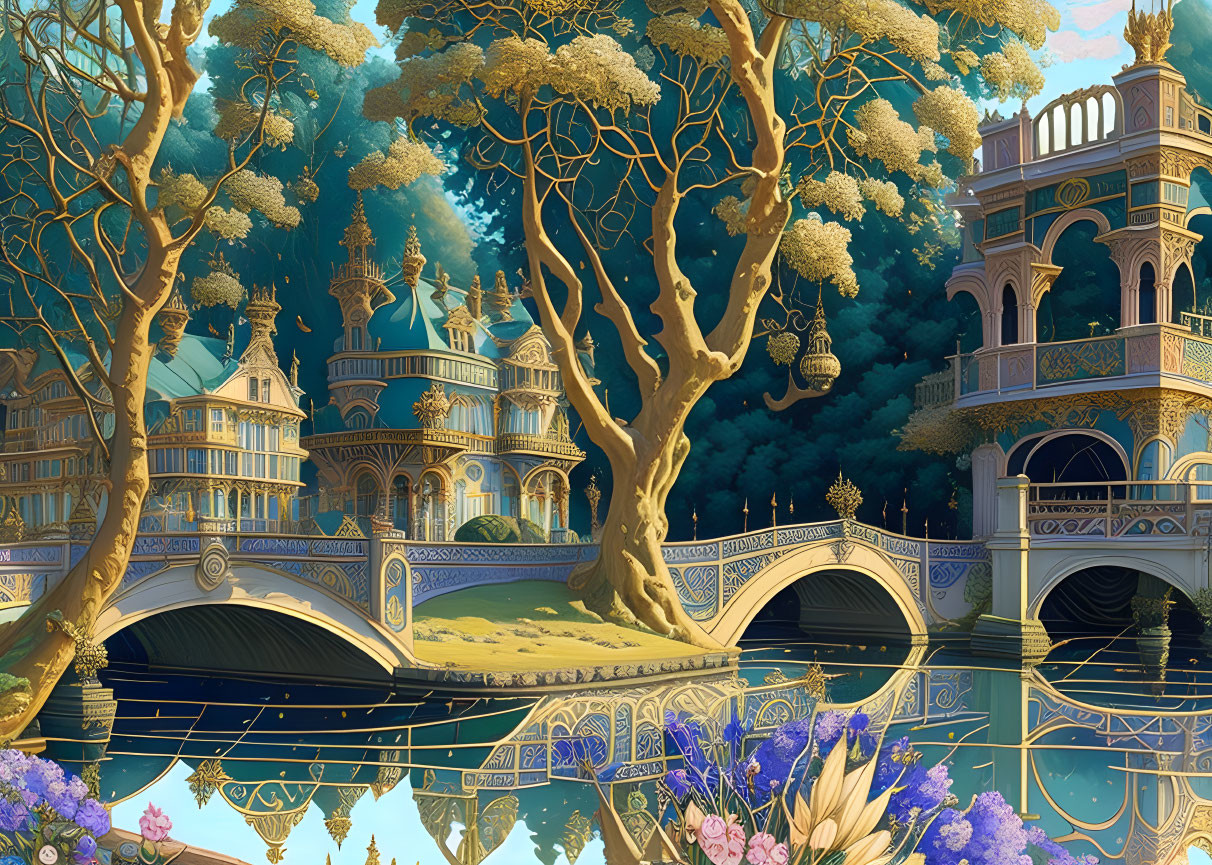 Fantastical Architecture Ensemble with Arched Bridges and Golden Trees