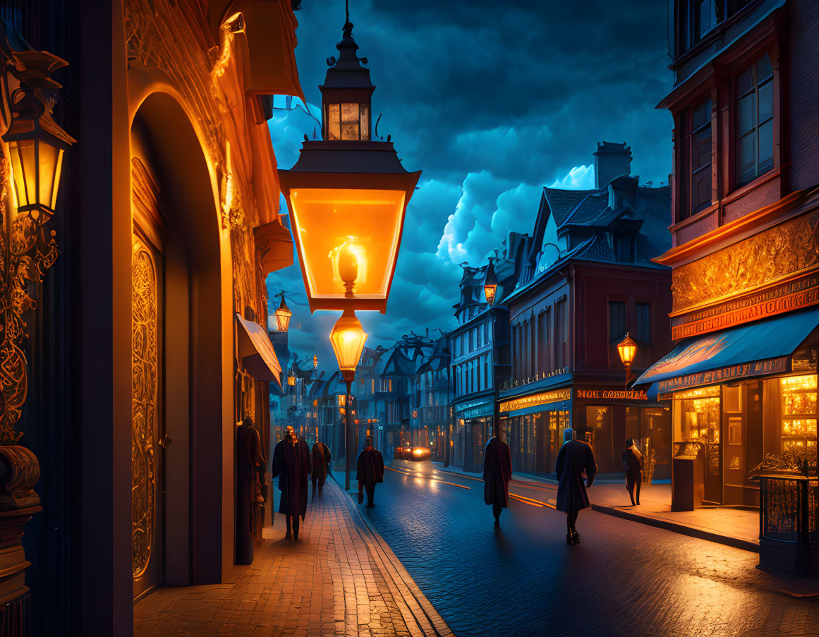 Charming old street at twilight with glowing street lamps and dramatic cloudy sky