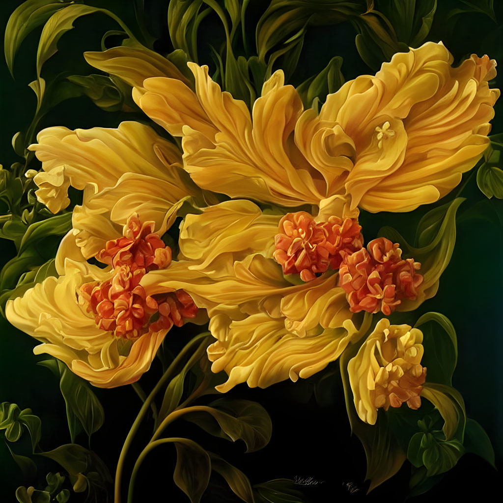 Vibrant digital painting of lush yellow peony flowers on a deep green backdrop