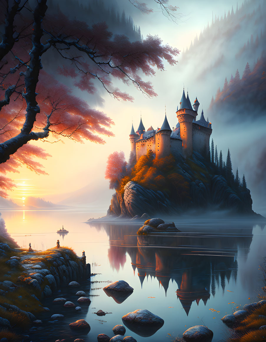 Majestic castle on rocky islet at sunrise with lone figure in autumn setting