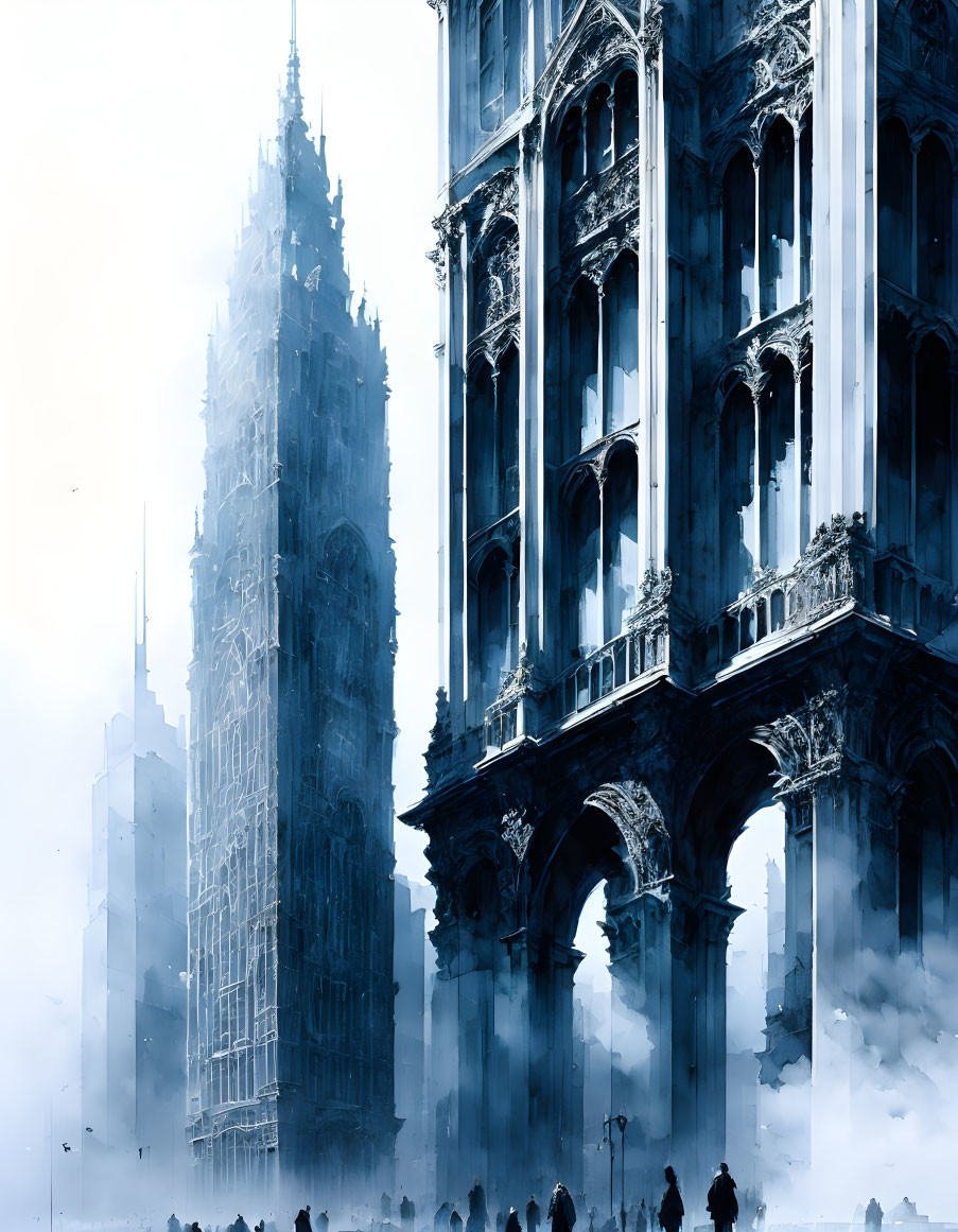 Mysterious Gothic-style buildings in mist with silhouetted figures