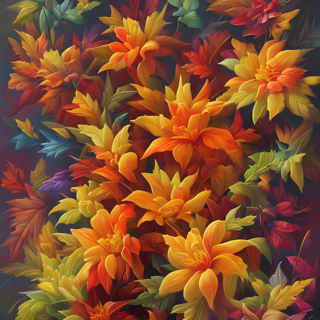 Colorful Floral Canvas with Orange, Yellow, Red Flowers