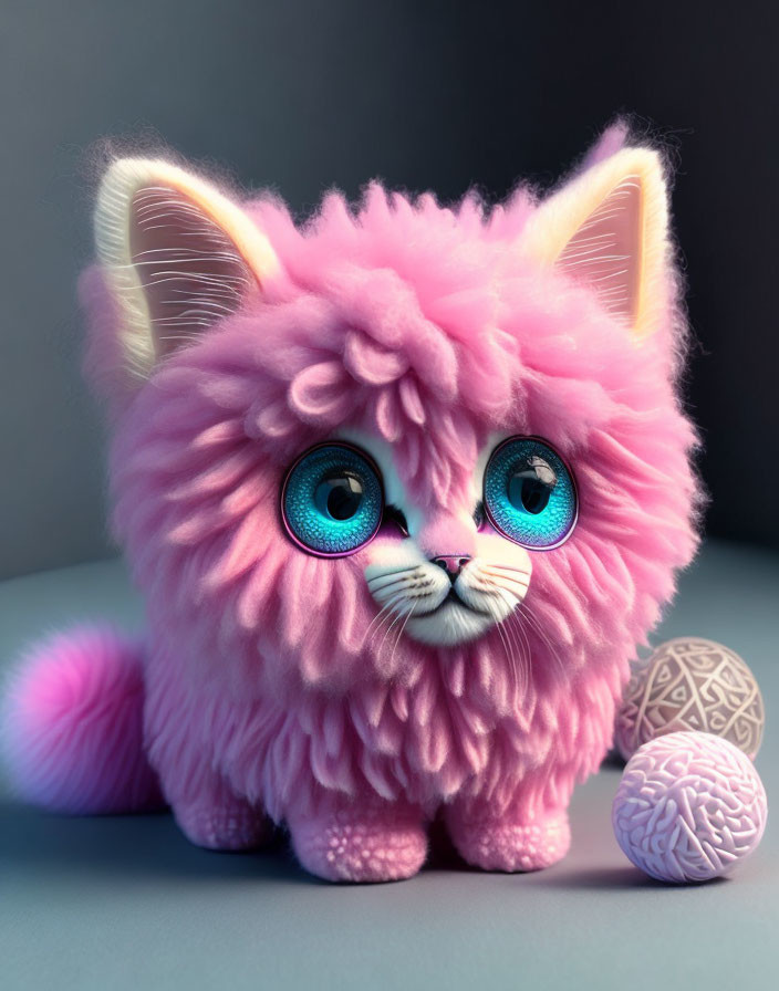 Fluffy Pink Fantasy Kitten with Blue Eyes and Decorative Balls