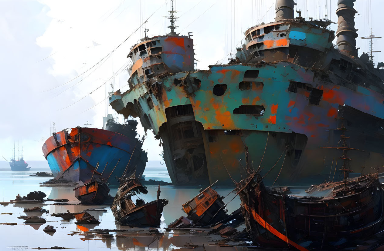 Abandoned, decaying ships in shallow, hazy waters