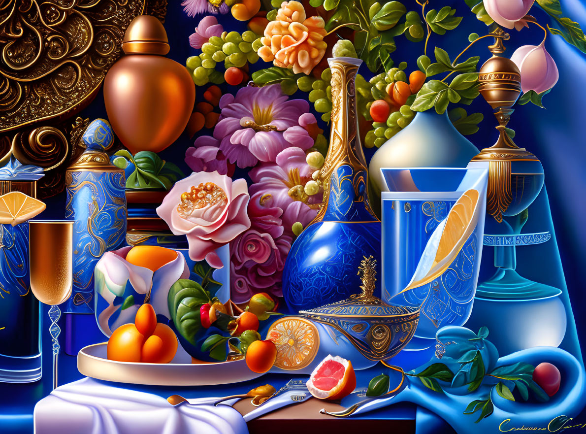 Colorful Still Life Painting with Fruits, Flowers, Vases, and Luxurious Objects