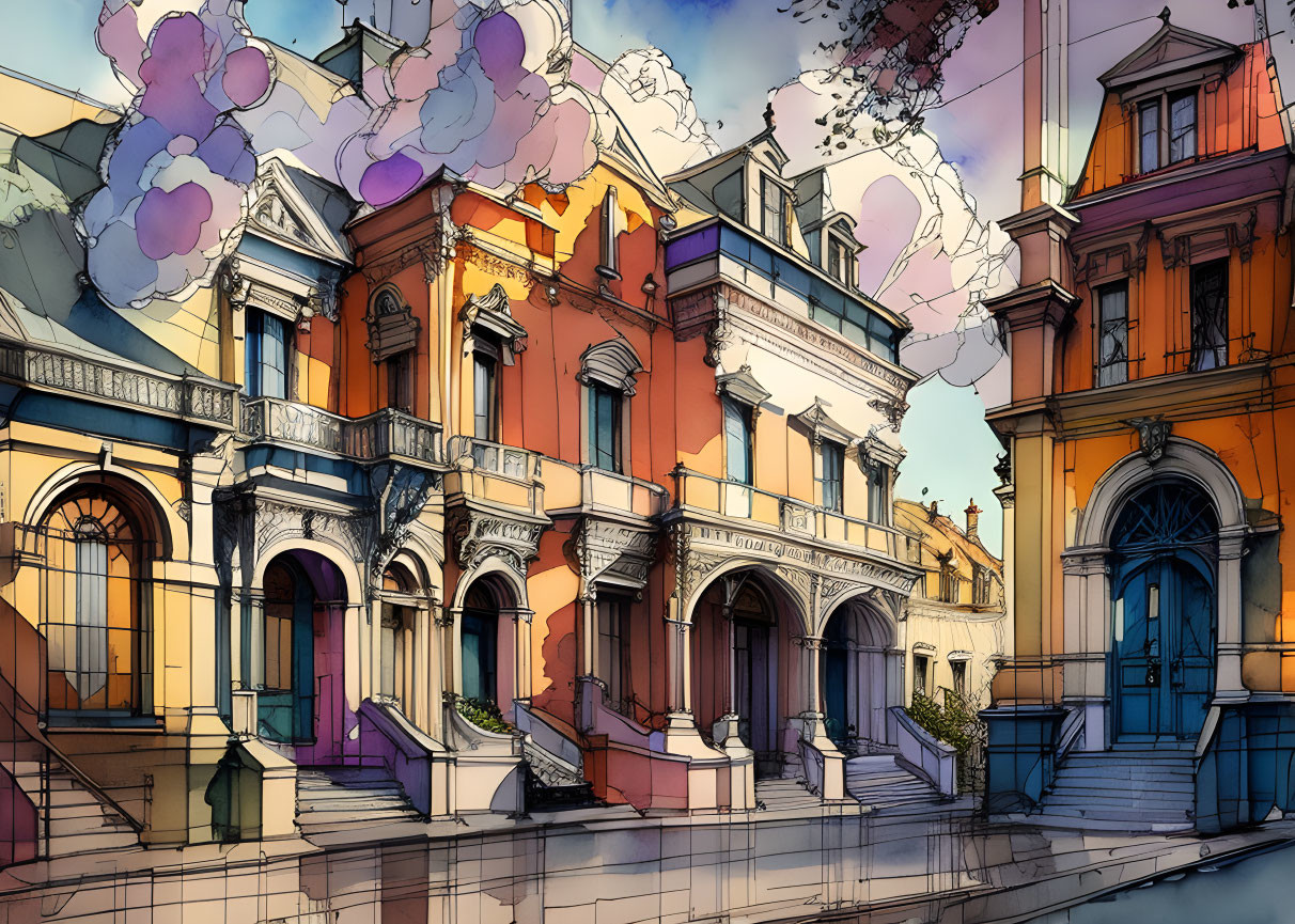 Colorful European-style street drawing with whimsical sky.