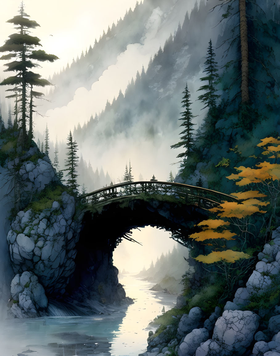 Tranquil forest scene with fog, stone bridge, and soft light