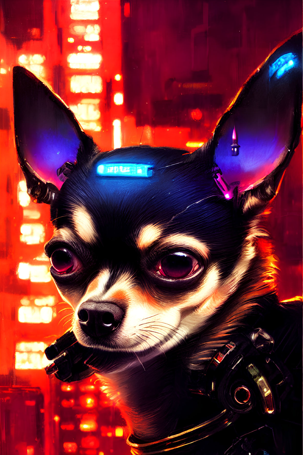 Cybernetic Chihuahua with glowing eyes in futuristic cityscape