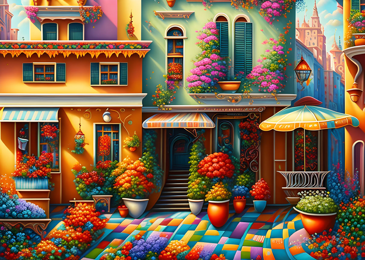 Colorful street scene with whimsical buildings, vibrant flowers, and patterned pavement