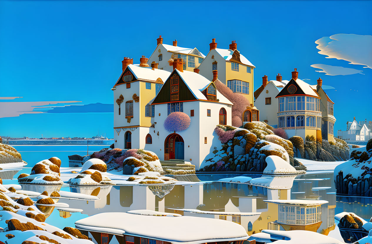 Charming waterfront houses with snowy rooftops and rocky shores