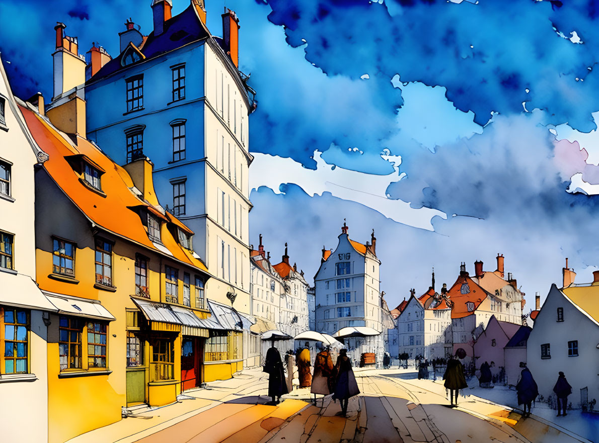 Colorful European Street Scene with People and Buildings Under Blue Sky