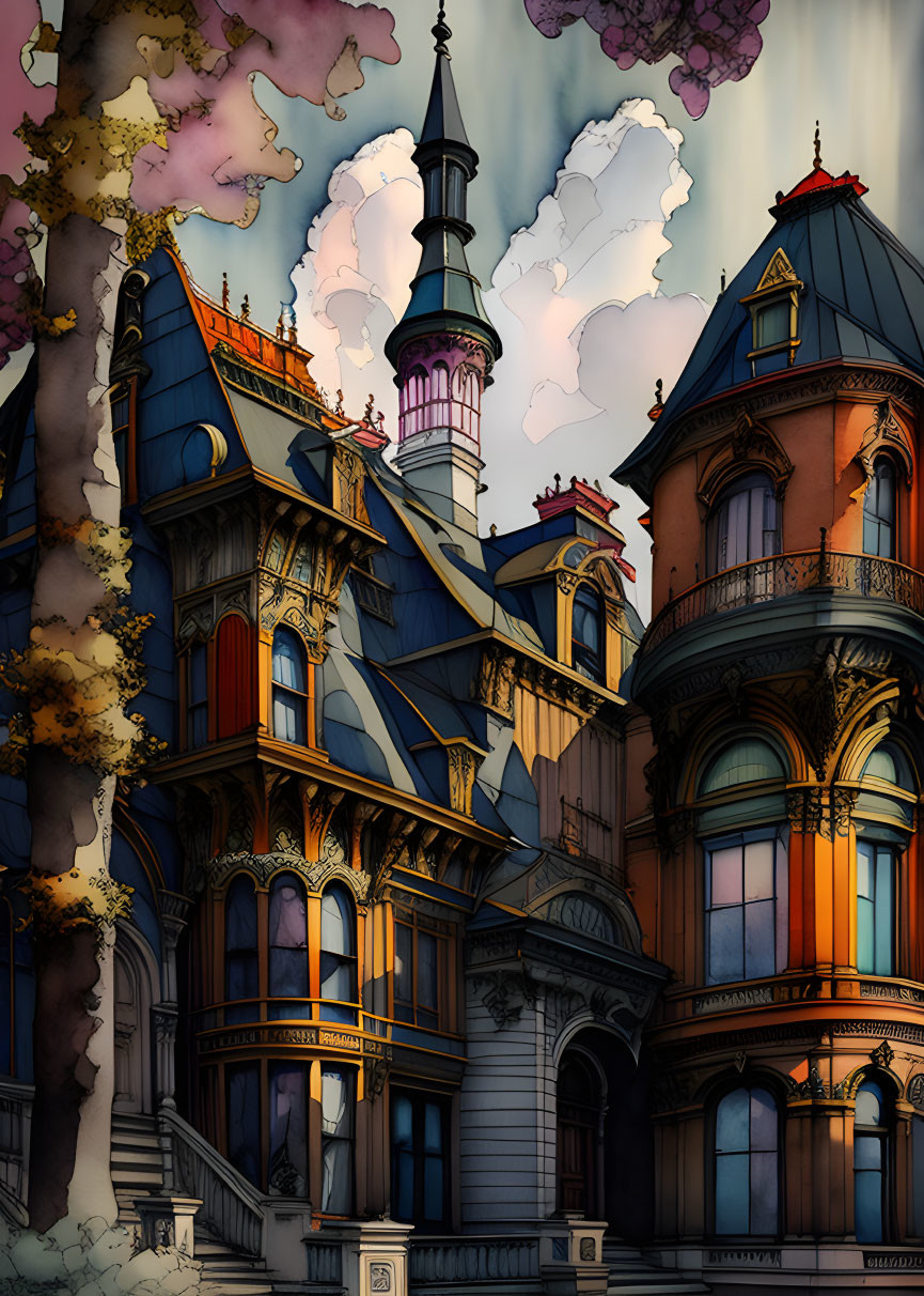 Detailed Victorian house illustration with colorful roofs and spires